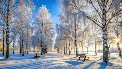 Beautiful birch park in winter covered in frost and snow, birch trees, park, winter, frost, snow, beautiful, scenic, landscape