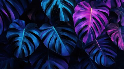purple and neon blue tropical leaves, dark background