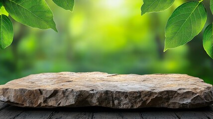 Fototapeta premium Rustic Stone Tabletop Mockup with Green Leaf Background