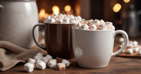 Hot chocolate with marshmallows in a large mug, beverage, frosty