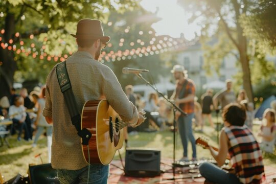 Outdoor music performance with people enjoying a lively atmosphere.