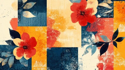 Discover vibrant red flowers in abstract art, textured blocks and leaves, creating a bold, colorful composition.