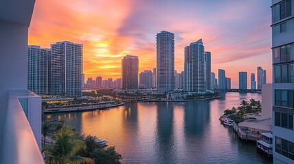 Obraz premium Vibrant sunrise over a calm waterway with a cityscape reflecting in the water.