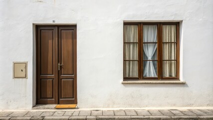 Fototapeta premium Brown Closed Door and Window on a White Wall in a Serene Residential Setting. Generative AI