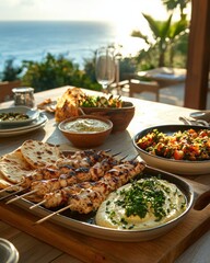 Delicious Mediterranean Cuisine Displayed with Grilled Chicken Skewers, Fresh Vegetables, Hummus, and Pita Bread against a Scenic Ocean View Background