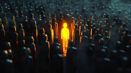 A Unique Radiant Figure Standing Out in a Crowd of Dark Identical Applicants