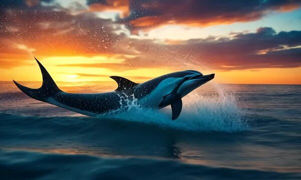 A dolphin leaps gracefully against a vibrant sunset over the ocean, creating a serene atmosphere.