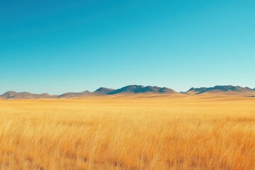 Obraz premium A vast golden landscape under a clear blue sky with distant mountains.