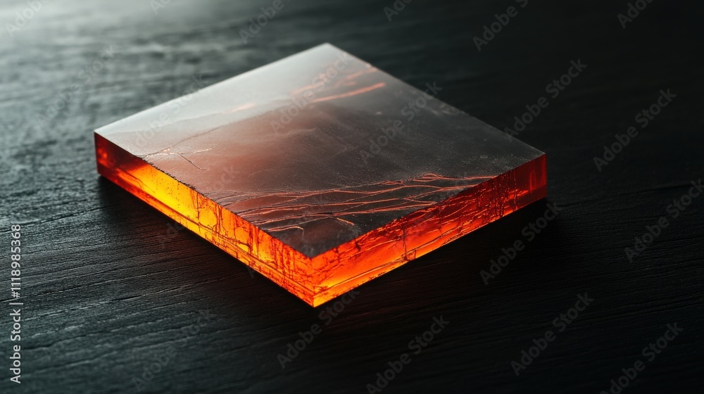 Fototapete Captivating Close-Up of a Translucent Orange Resin Block on a Dark Surface Highlighting Intricate Textures and Unique Patterns Created by Light Reflection