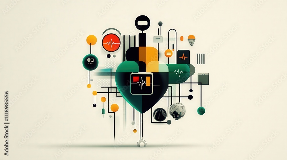 Aufkleber abstract illustration depicting healthcare technology with heart symbols, medical icons, and data vi