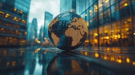 Fototapeta premium Double exposure of a globe and glass office buildings, used to symbolize international trade and technology