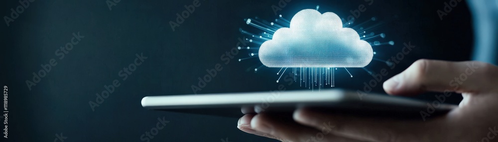 Aufkleber Innovative Concept of Cloud Technology with Digital Data Transfer Visualized Over a Tablet Device in a Modern and Futuristic Setting