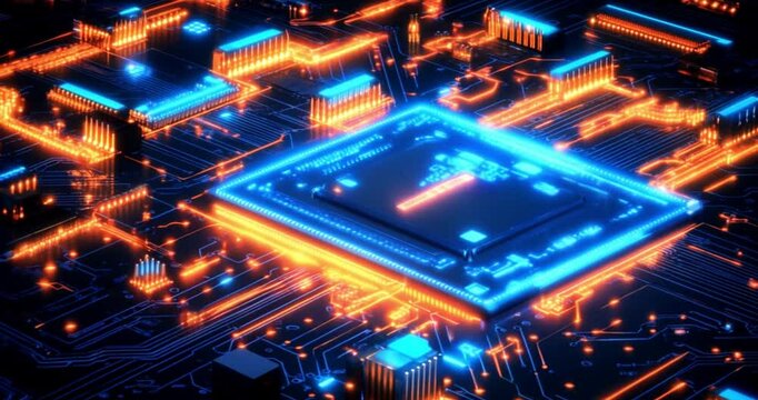 Abstract AI circuit board background featuring interconnected blue lines and electronic components on a tech-themed backdrop, including a computer motherboard with a chip, processor, and semiconductor