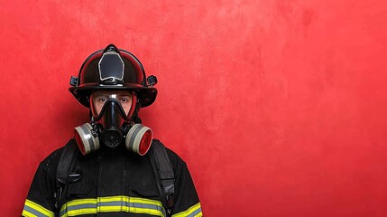Fire alarm safety response concept. Firefighter in protective gear stands against a vibrant red wall.
