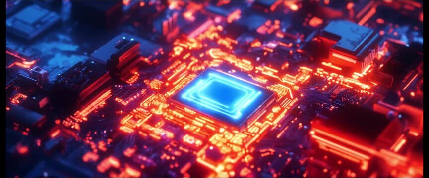 Abstract AI circuit board background featuring interconnected blue lines and electronic components on a tech-themed backdrop, including a computer motherboard with a chip, processor, and semiconductor