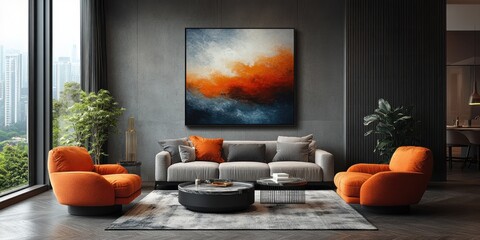 Cozy modern minimalist living room with orange accent chairs and soft textures in chic Scandinavian style