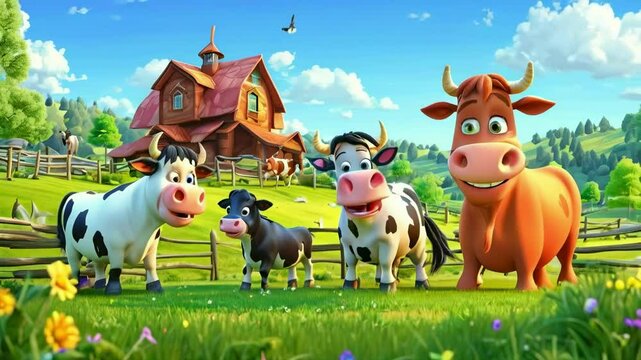 Cartoon Farm with Horses and Animated Cows
