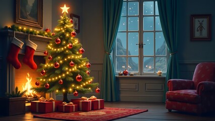 Fototapeta premium Cozy Christmas Eve Night: A Festive Scene by the Fireplace