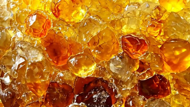 Beautifully colored amber stones glisten under bright light, showcasing their unique shapes and hues in a collection