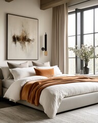 Modern Minimalist Bedroom Interior with Abstract Art and Cozy Bedding