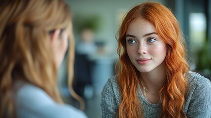 Female therapist takes notes while seated next to a young female client, who sits cross-legged and appears thoughtful