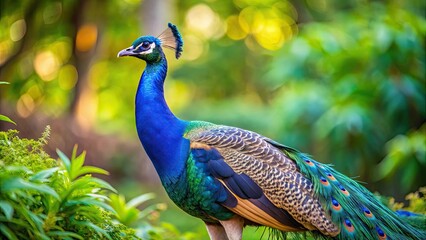 Obraz premium Majestic Indian peafowl with vibrant blue and green plumage standing in a natural setting, Indian peafowl, Pavo cristatus