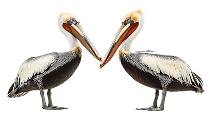 A Pair of Brown Pelicans Touching Beaks Against White Background