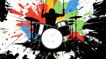 A silhouetted drummer performing against a vibrant splash of colors, conveying energy and creativity.