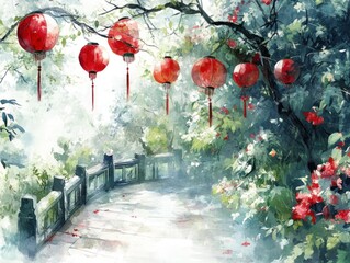 Obraz premium Serene garden path with red lanterns hanging from trees, leading across a curved bridge.