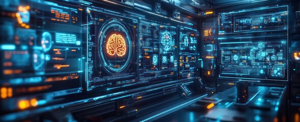 Fototapeta premium Futuristic Brain Scanning Technology in Cyberpunk Control Room for Medical Diagnosis and Research