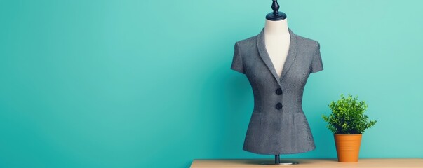 Close-up of a dress form with a tailored gray blazer on display next to a potted plant against a turquoise backdrop