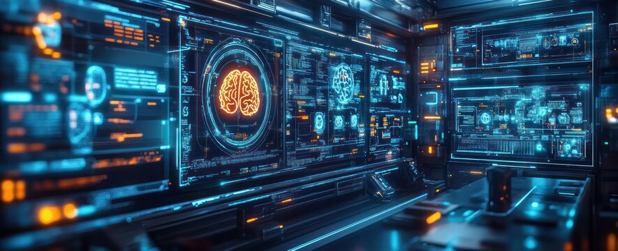 Futuristic Brain Scanning Technology in Cyberpunk Control Room for Medical Diagnosis and Research