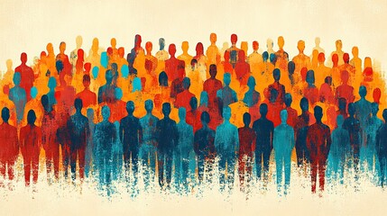 Flat illustration of an abstract crowd with different skin tones and hair colors on a colorful background
