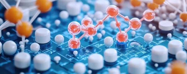 A close-up view of colorful molecular structures on a digital circuit board, illustrating the intersection of science and technology.