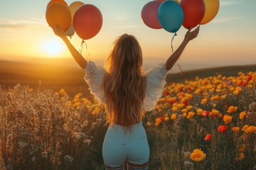 Woman holding balloons in a field at sunset