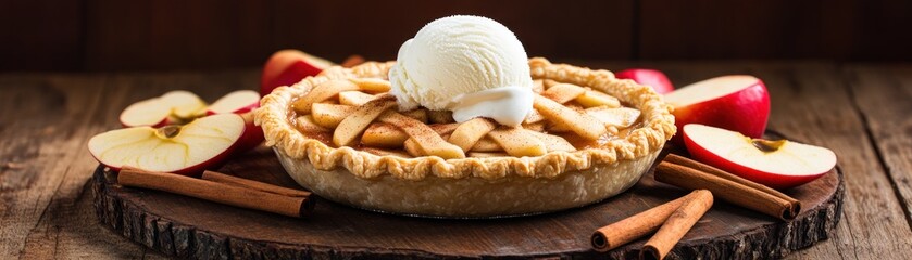 A delicious apple pie topped with ice cream, surrounded by fresh apples and cinnamon sticks.