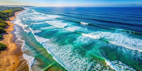 Obraz premium Summer seascape with beautiful waves and blue sea water, captured from a top view drone perspective, Summer, seascape