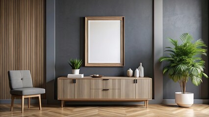 Mockup frame on cabinet in living room interior on empty dark wall background , mockup