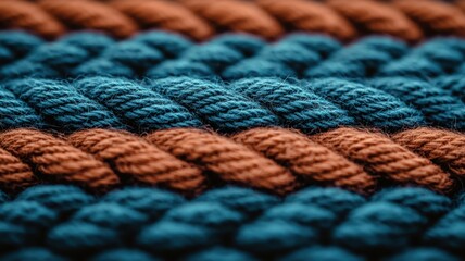 Close-up of woven fabric with braided texture in blue and brown showcasing detailed craftsmanship and textile design
