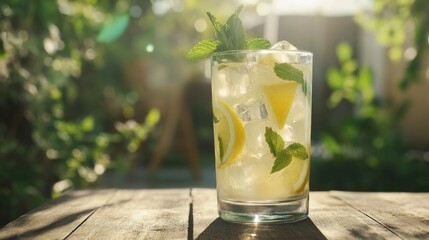 Refreshing lemonade with lemon slices and mint in a tall glass on a wooden table outdoors.