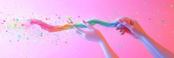 Fototapeta premium Two hands hold a colorful, twisted rope against a vibrant pink background with sparkles.