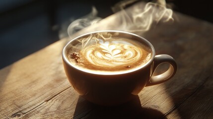 Steaming latte art in a white cup on a wooden table, sunlight.