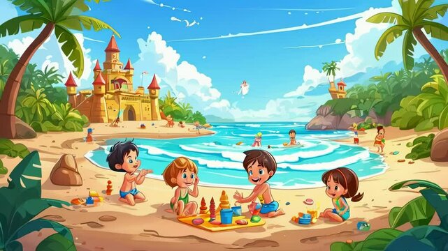 Cartoon Beach with Sand Castle and Playing Children