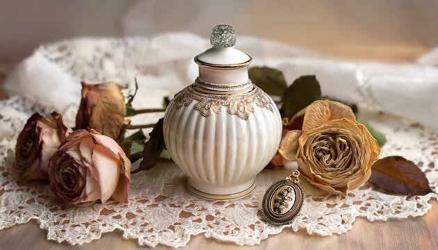 Elegant porcelain perfume bottle rests among dried roses on delicate lace.