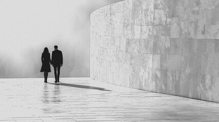 A couple walking down a sidewalk in front of a wall. The man is wearing a suit and the woman is wearing a coat. The image has a moody and somewhat somber feel to it