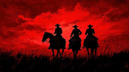 Fototapeta premium Two cowboys on horseback silhouetted
