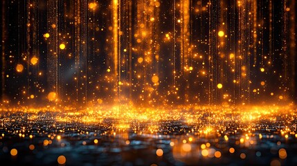 Gold light stripes with a digital line effect fall on a stage, creating a background of golden lights and white dots on a black backdrop