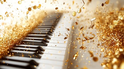 Gold musical notes spiral around piano keys on a white background