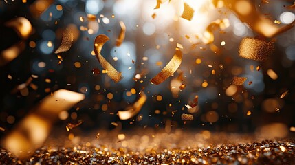 Golden confetti and ribbons falling against a blurred background, creating a shiny, glossy, sparkling effect