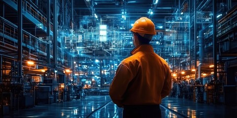 Futuristic Industrial Worker in Cyberpunk Scene with Neon Lights and Holograms